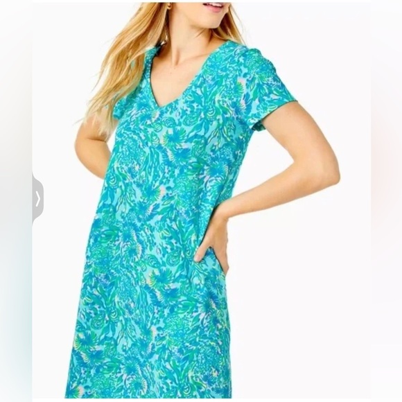 NWT Lilly Pulitzer Etta Short Sleeve Dress Surf Blue Coral of the Story Print